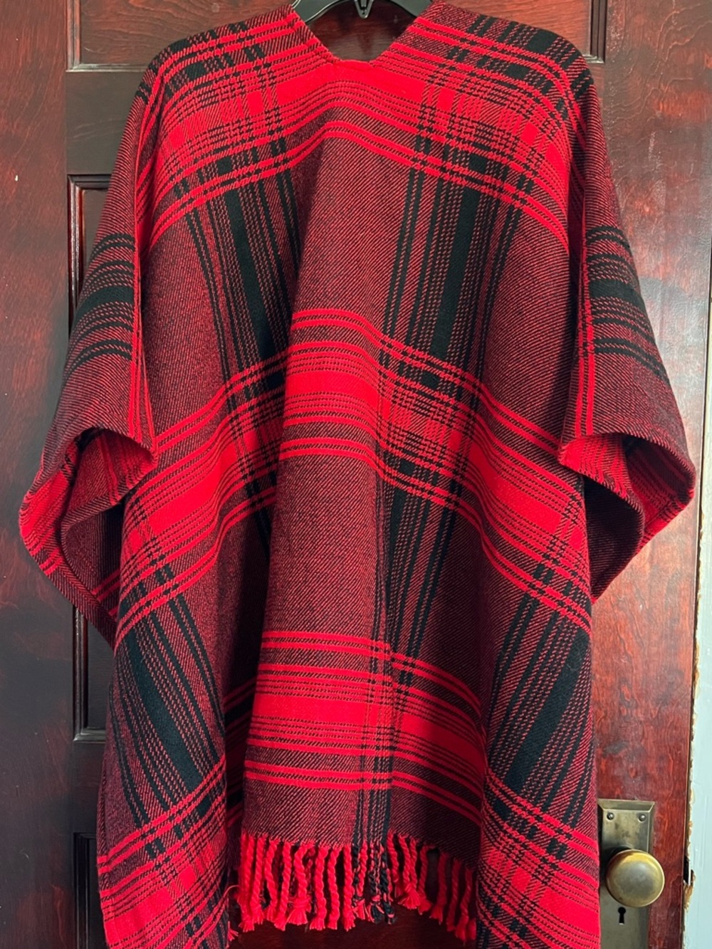 Talbots Red and Black Plaid Wool Blend Poncho with Fringe One Size - Picture 6 of 10